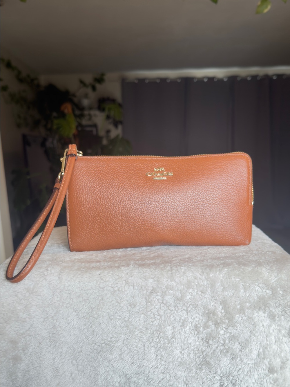 COACH Double Zip Wallet Wristlet in Refined Saddle Pebbled Leather
